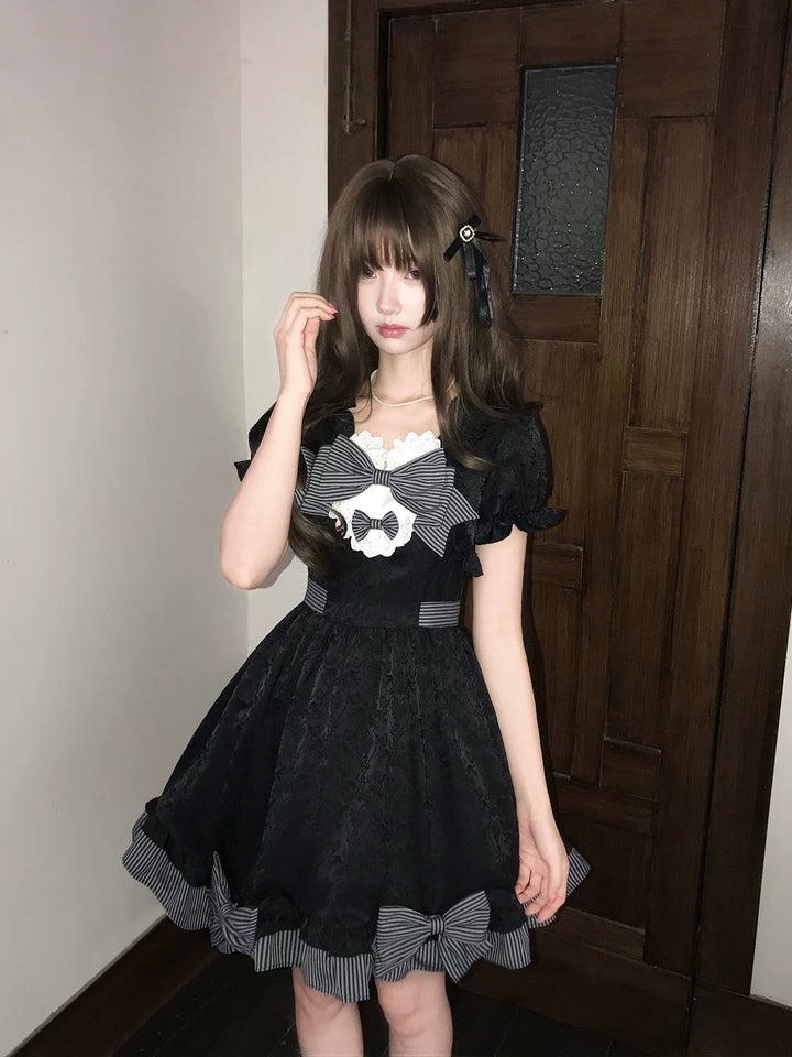 Black Jacquard A-Line Fluffy Dress, Striped Bows (L M S) 45349:849903