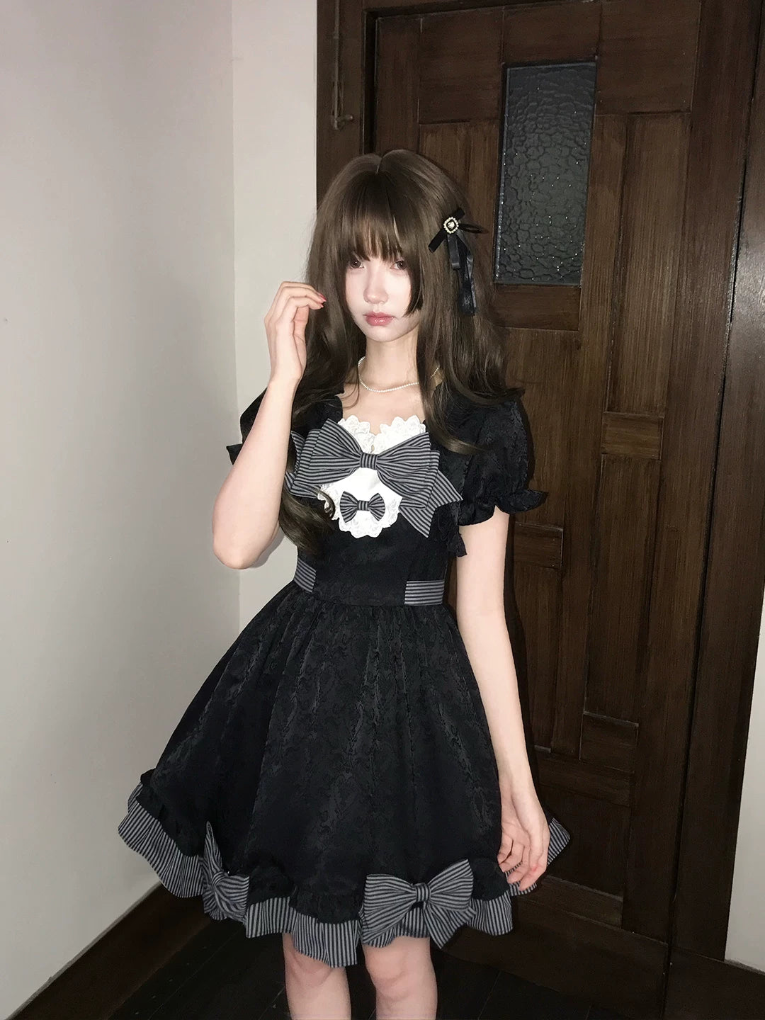 Black Jacquard A-Line Fluffy Dress, Striped Bows Black Dress Only / M