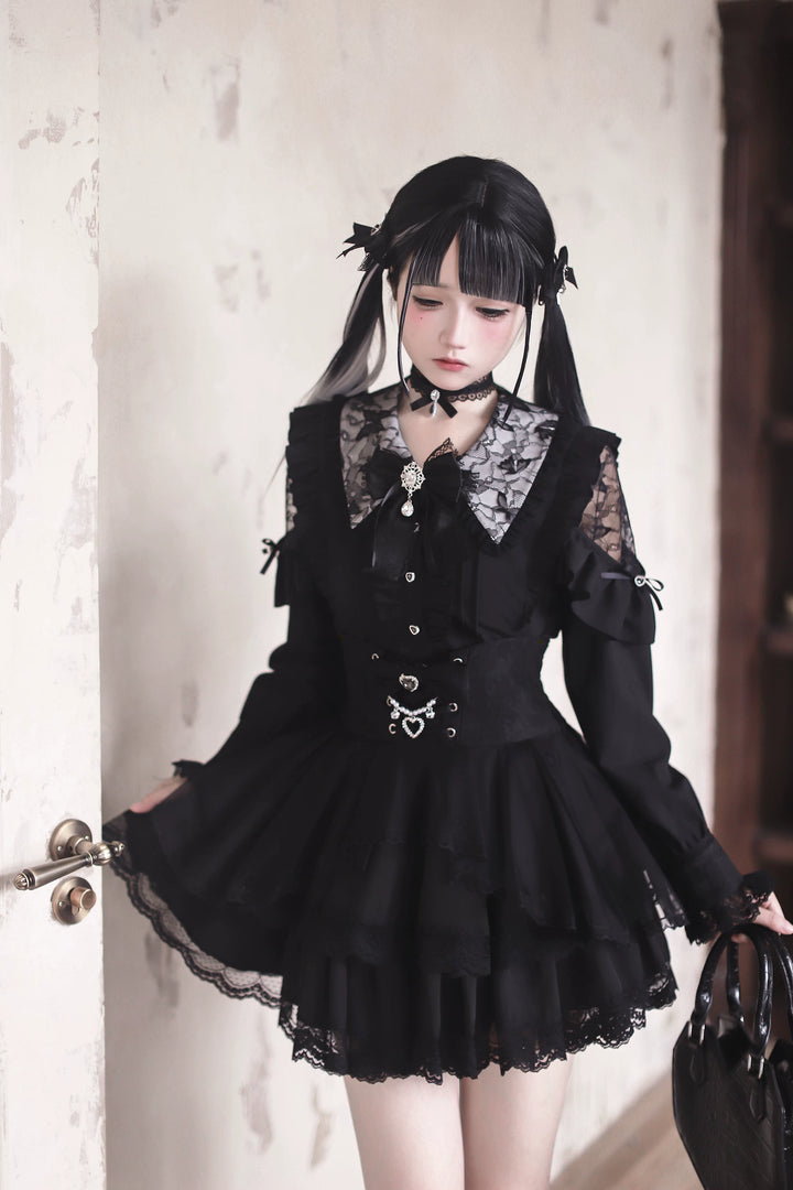 Jirai Kei Long Sleeve Blouse, Lace Open-Shoulder 44588:815052