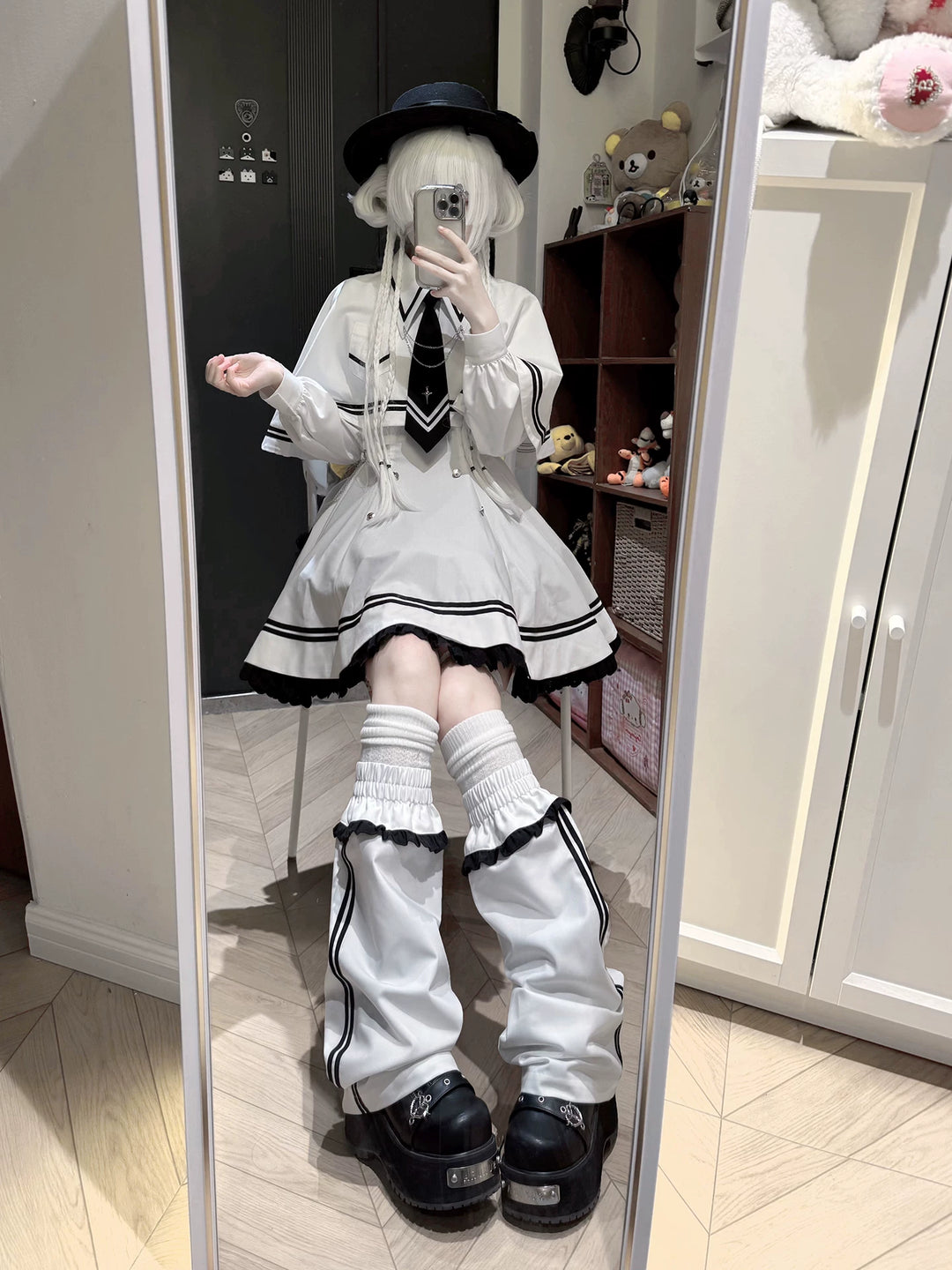 Sailor-Inspired Long Sleeve Dress Set, Detachable Cape 44557:815991