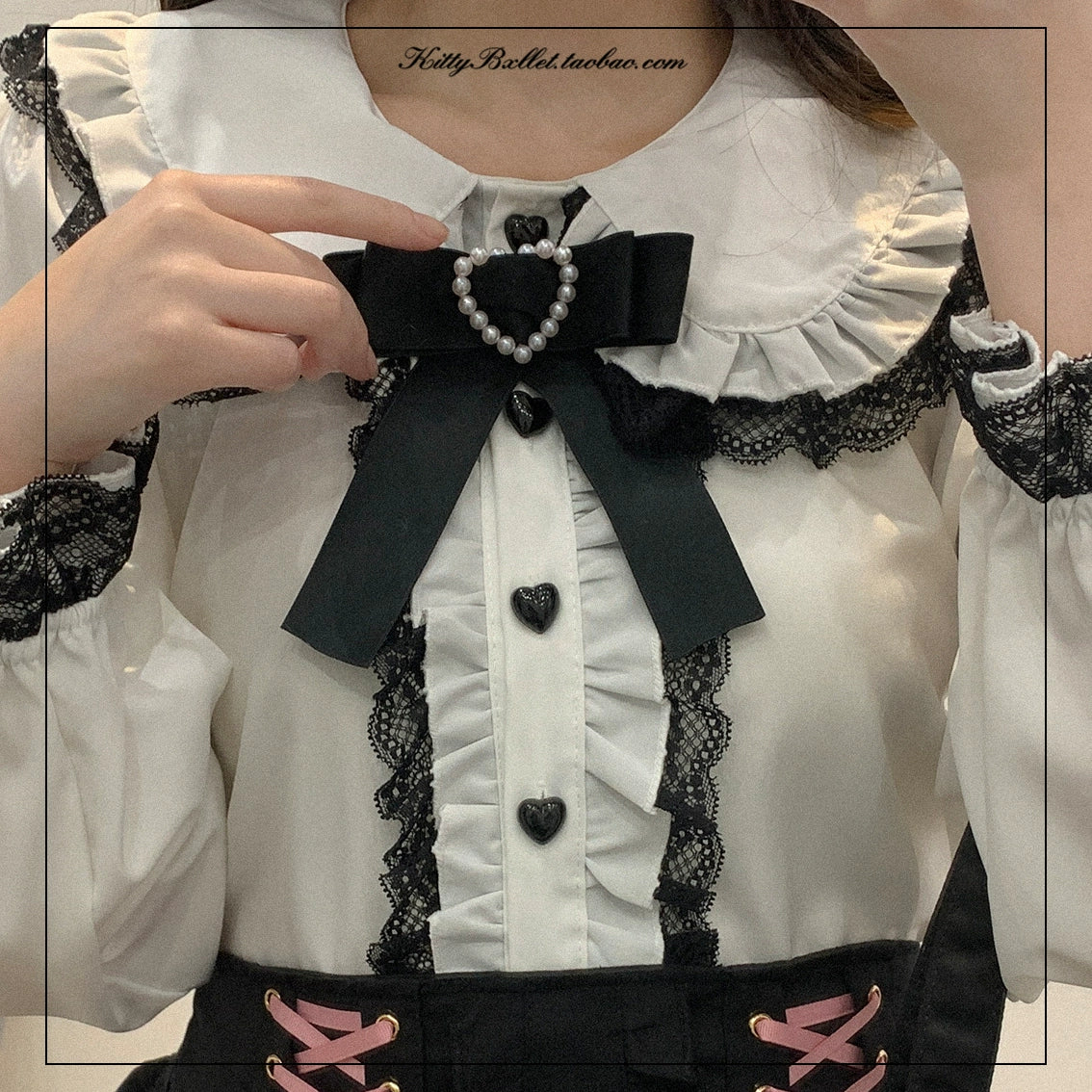Jirai Kei Blouse Long Sleeve Lace Trim Heart Collar Shirt 29546:371272 29546:371272