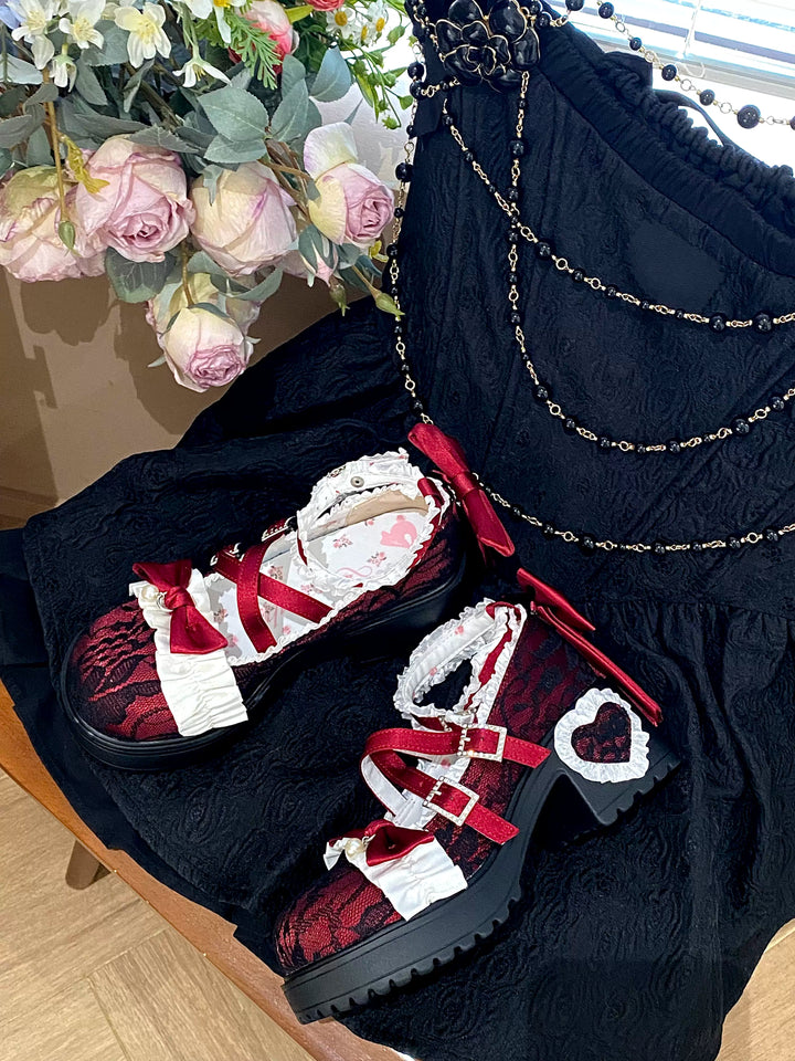 Classic Lolita Mary Jane Shoes, Lace Tulle & Ribbon Bow 46012:873467