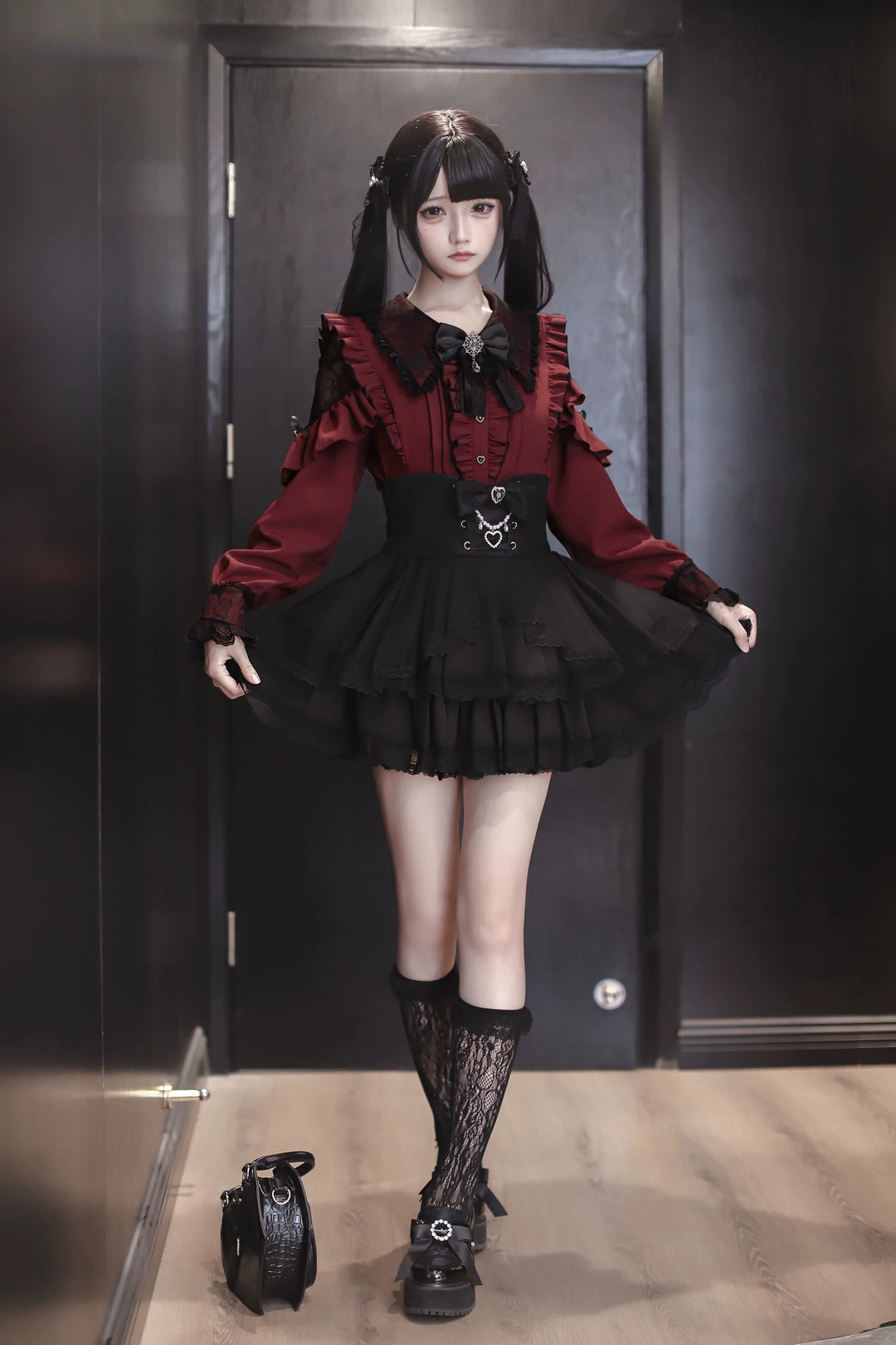 Jirai Kei Long Sleeve Blouse, Lace Overlay and Heart Buttons 44589:815203