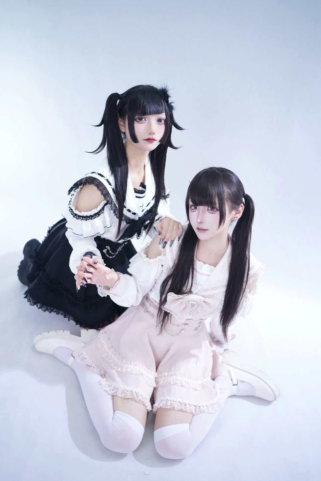 Lace Jirai Kei Sailor Collar Blouse, High Waist Skirt Set 45626:859356