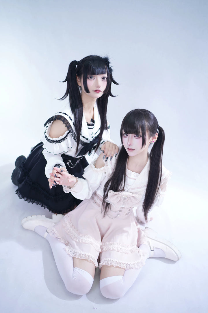 Lace Jirai Kei Sailor Collar Blouse, High Waist Skirt Set 45626:859356