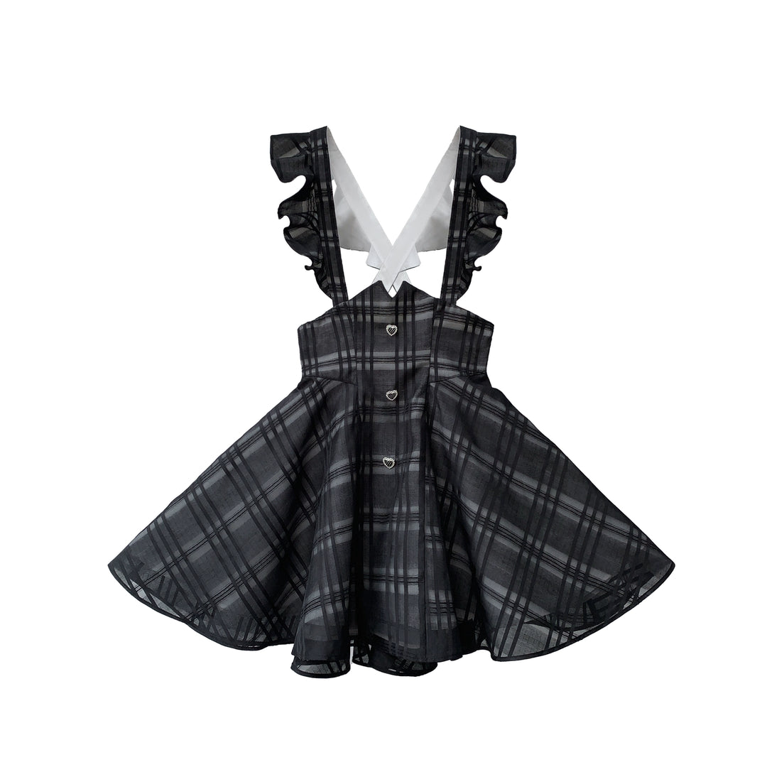 Black Jirai Kei Plaid Suspender Skirt Set with White Blouse (L M S XL) 42918:760678