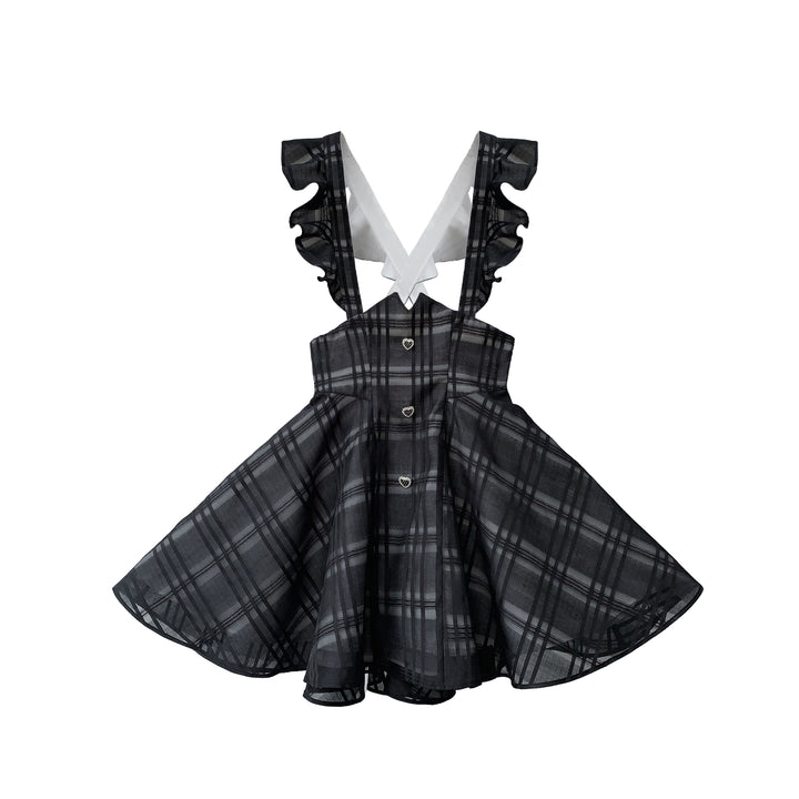 Black Jirai Kei Plaid Suspender Skirt Set with White Blouse (L M S XL) 42918:760678