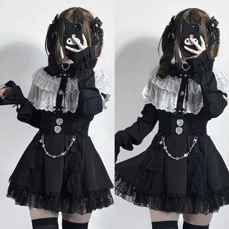 Jirai Kei Blouse with Layered Lace Cape & Detachable Sleeve 42860:755730