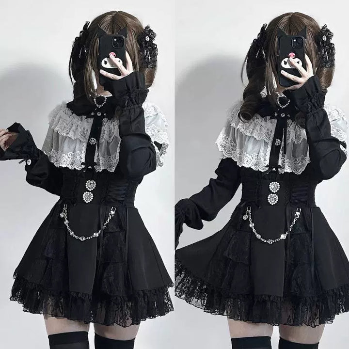 Jirai Kei Blouse with Layered Lace Cape & Detachable Sleeve 42860:755730
