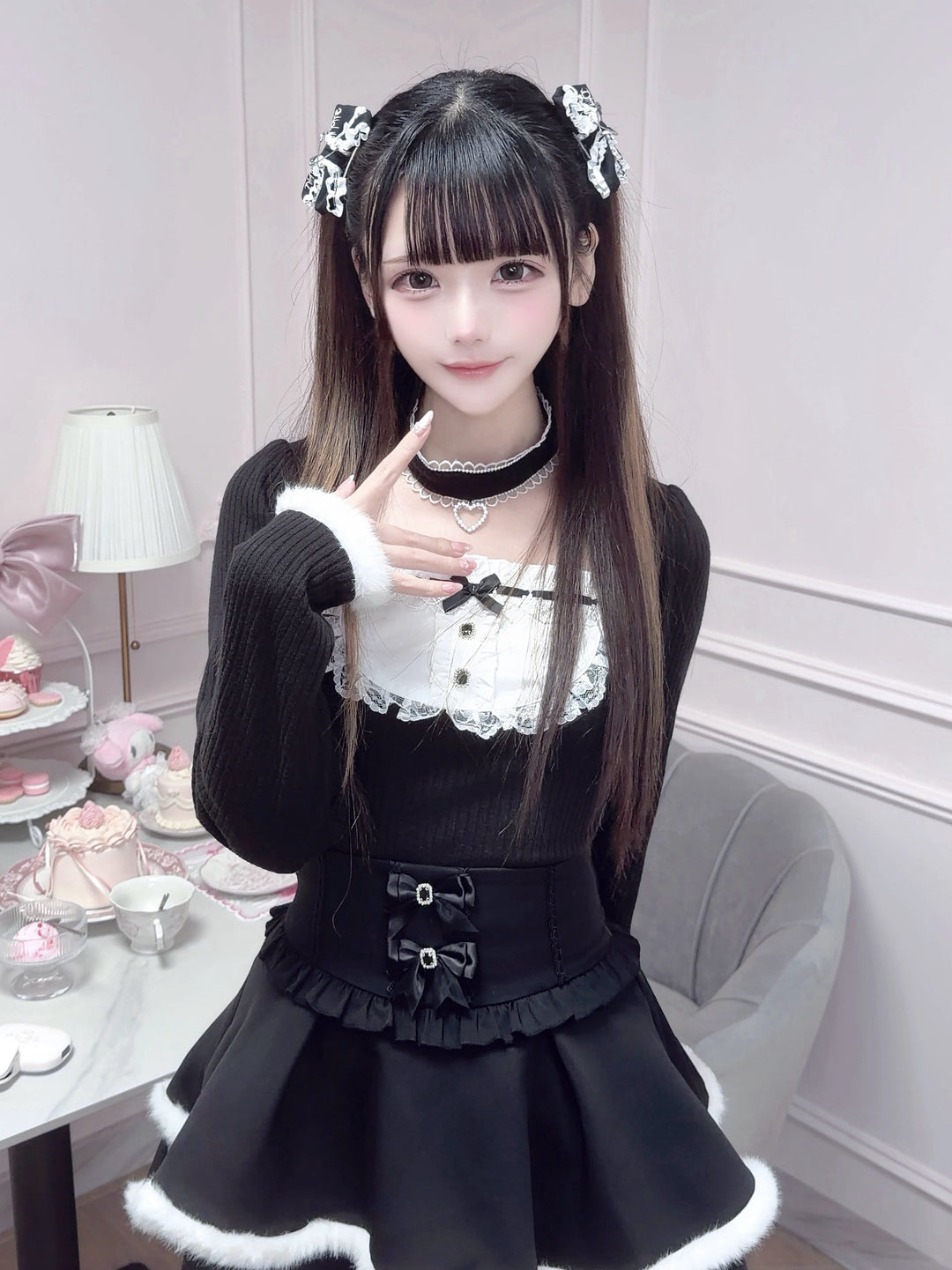Jirai Kei Black/White Sweater Top with Choker 46104:875352