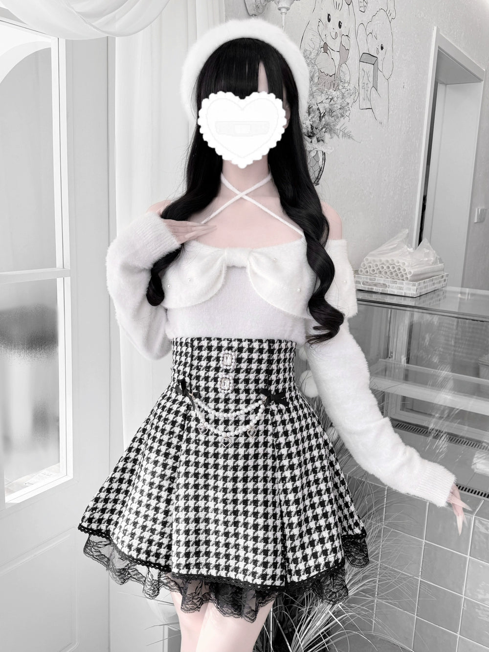 Jirai Kei Open-Shoulder Sweater, Faux Mink Plush 44156:797397