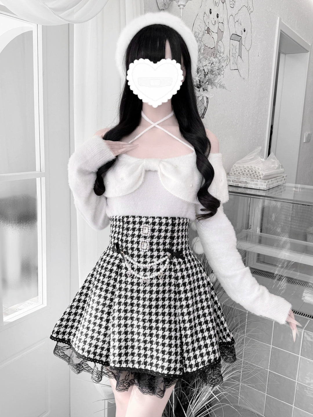 Jirai Kei Open-Shoulder Sweater, Faux Mink Plush 44156:797397