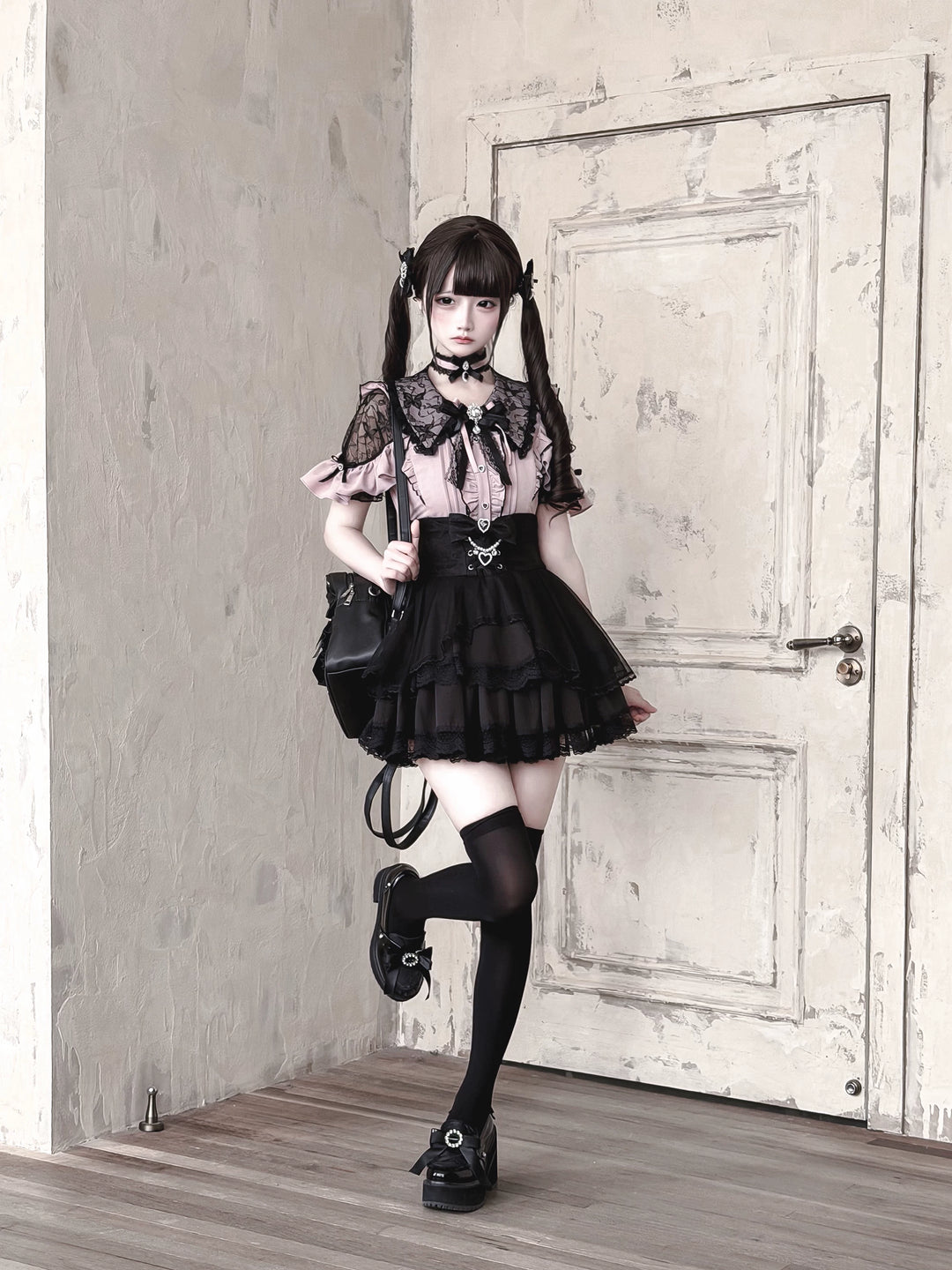 Jirai Kei Lace Sleeve Blouse, Ruffle Details 45194:841361