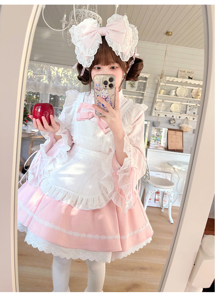 Kawaii Outfit White Maid Blouse And Pink Skirt With Apron 42283:735256