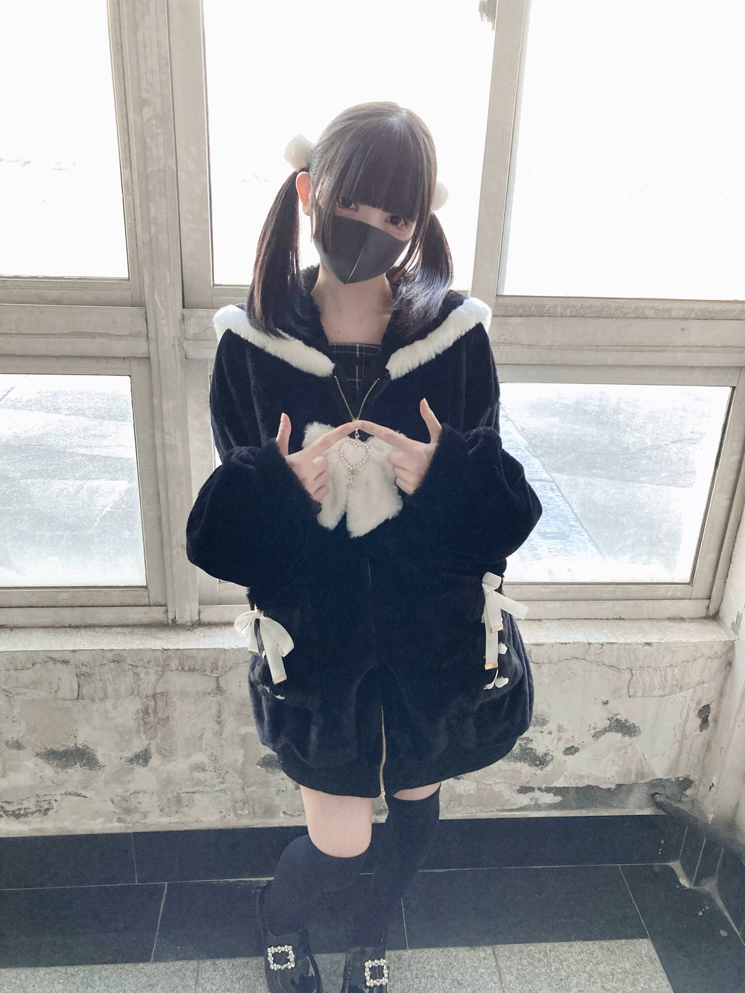 Black Jirai Kei Coat Ryousangata Imitation Rabbit Fur Coat 33304:446218 33304:446218