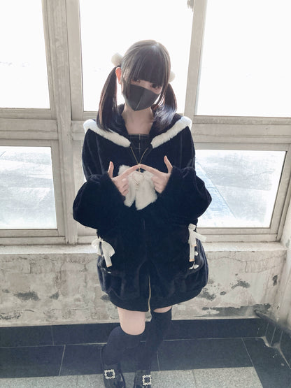 Black Jirai Kei Coat Ryousangata Imitation Rabbit Fur Coat 33304:446218