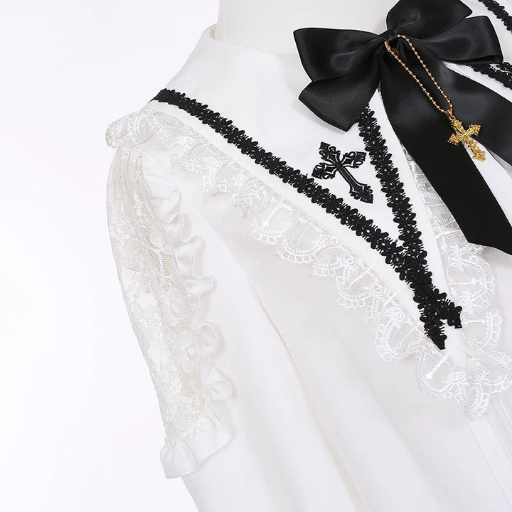 Jirai Kei Flutter Sleeve Suspender Skirt Set, Cross Pendants 45581:860430