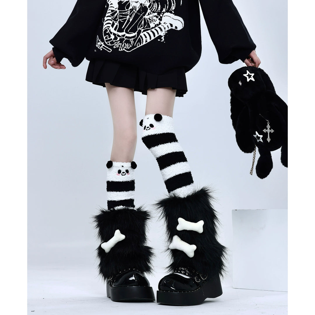 Y2K Socks Black Plush Leg Warmers Striped Knee Socks 39750:640762