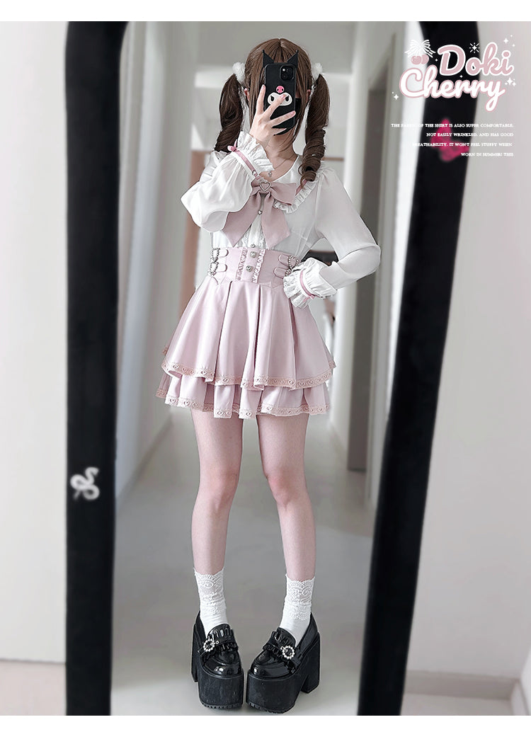 Jirai Kei Outfit A-Line Skirt and Long-Sleeved Blouse with Rhinestone Bow 42520:744278