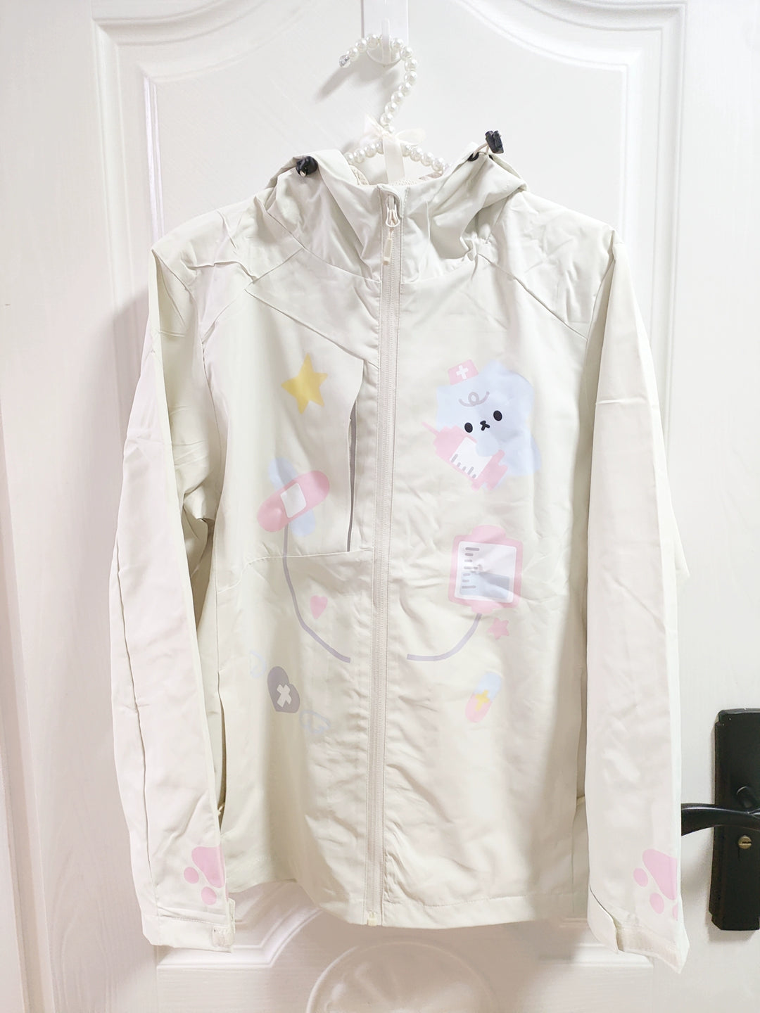 Kawaii Medical Coat Cat Print Coat Beige Hooded Top 38058:579288