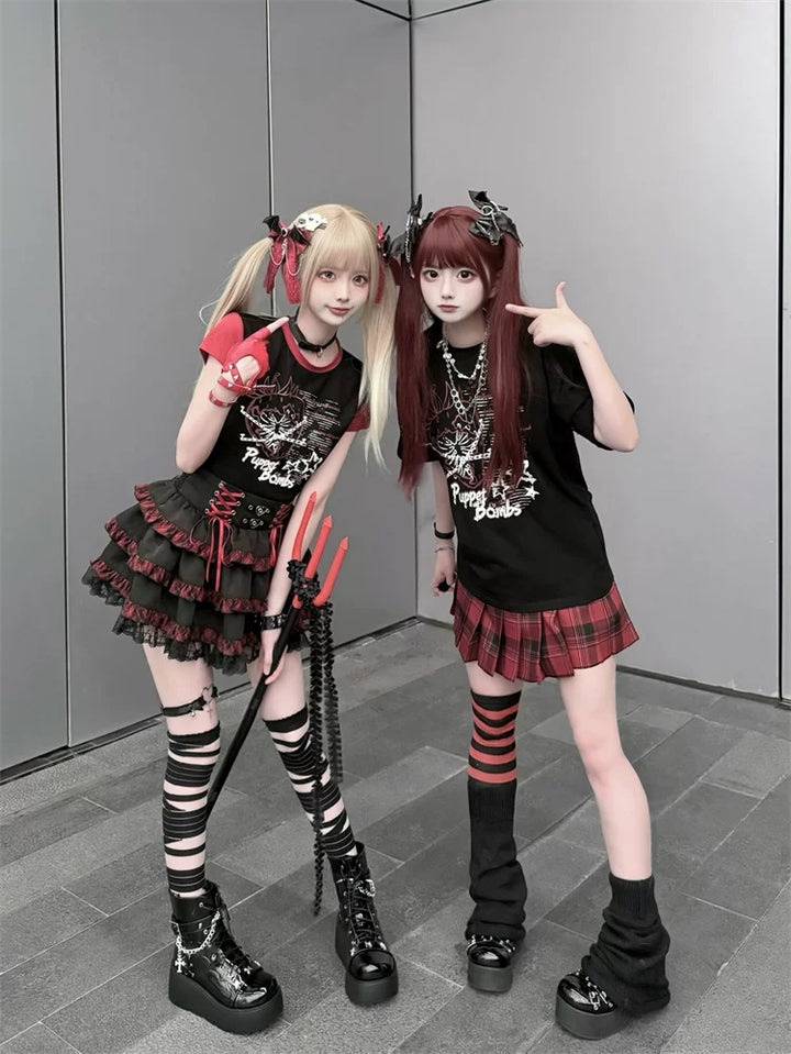 Punk Strawberry and Chain Print T-shirt, Red Plaid Skirt 45365:851404