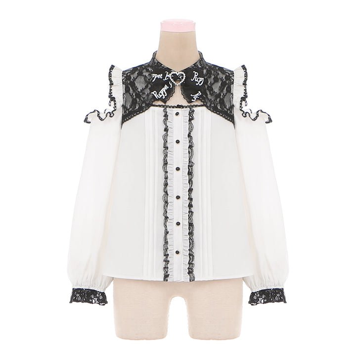 Jirai Kei White Lace Off-Shoulder Blouse Houndstooth Tiered Skirt (L M S) 42280:734753