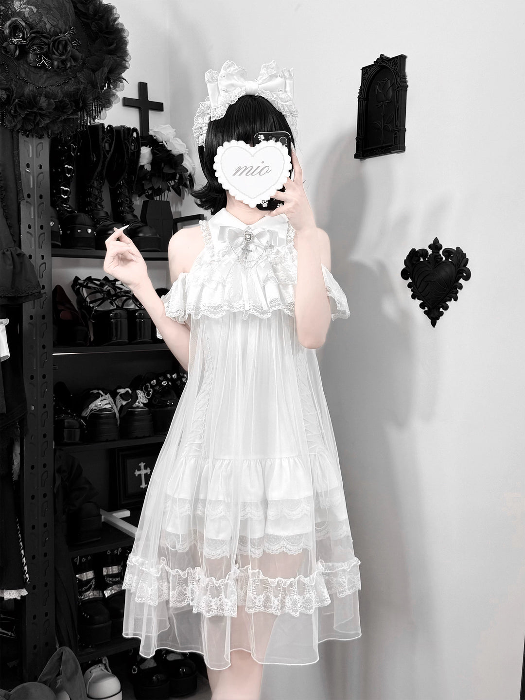 White Lace Open Shoulder Dress, Voile Outer Layered 45423:850595