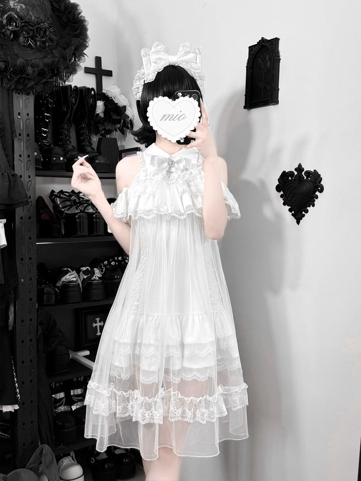 White Lace Open Shoulder Dress, Voile Outer Layered 45423:850595