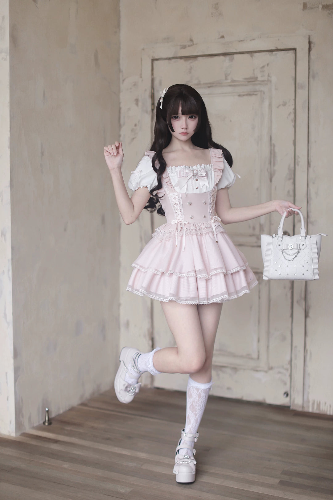Jirai Kei Puff Sleeve Dress, Layered Tulle Hem 45340:847382