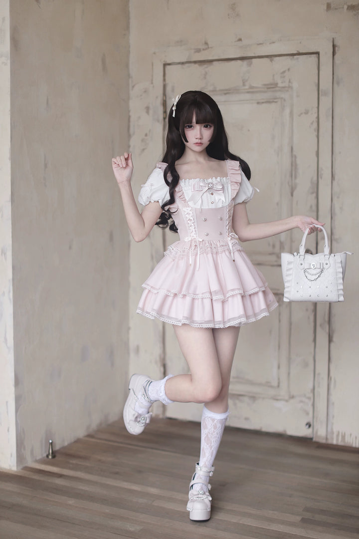 Jirai Kei Puff Sleeve Dress, Layered Tulle Hem 45340:847382