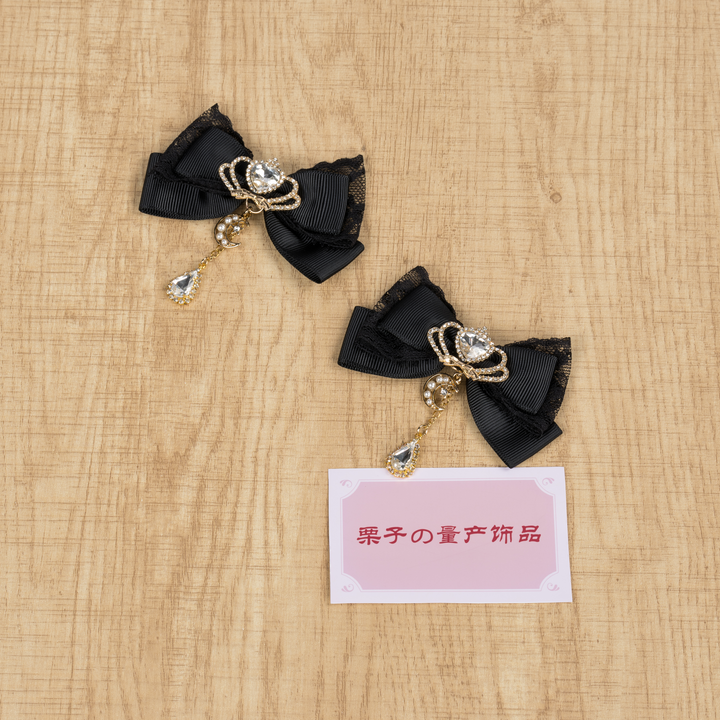 Jirai Kei Bow Hair Clips, Rhinestone Crown and Pearl Chain 44194:802722