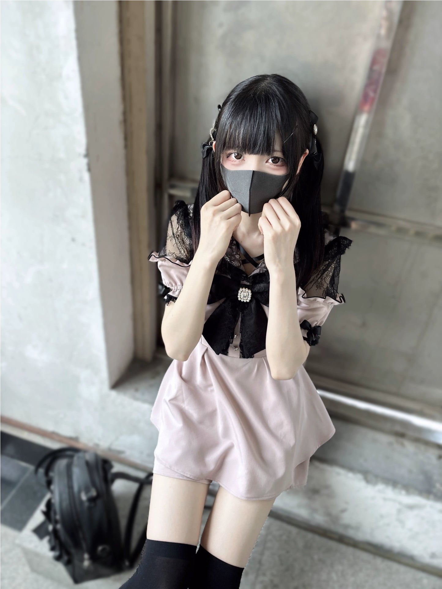 Jirai Kei Dress Set Pink Black Open-Shoulder Winged Collar Dress 37660:577986