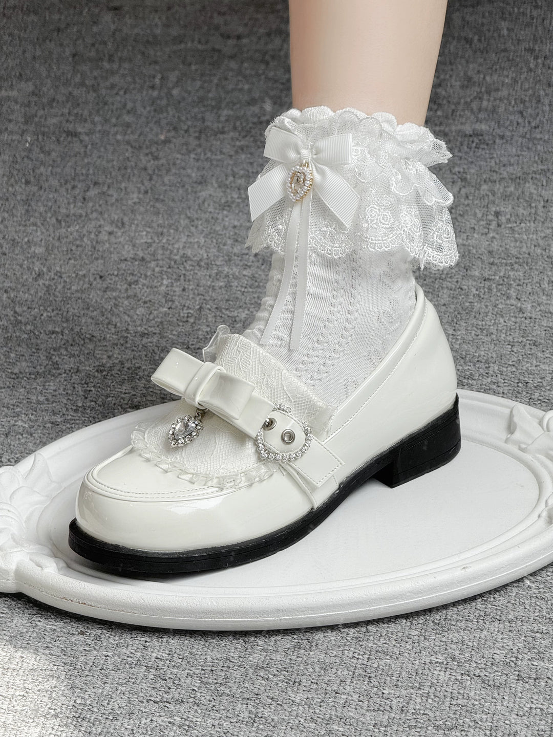 Jirai Kei Low-Heel Loafer Shoes, Rhinestones & Bow 43944:790334