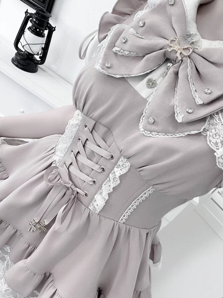 Jirai Kei Lace Plaid Dress Set, Detachable Rhinestone Bow 45700:860707