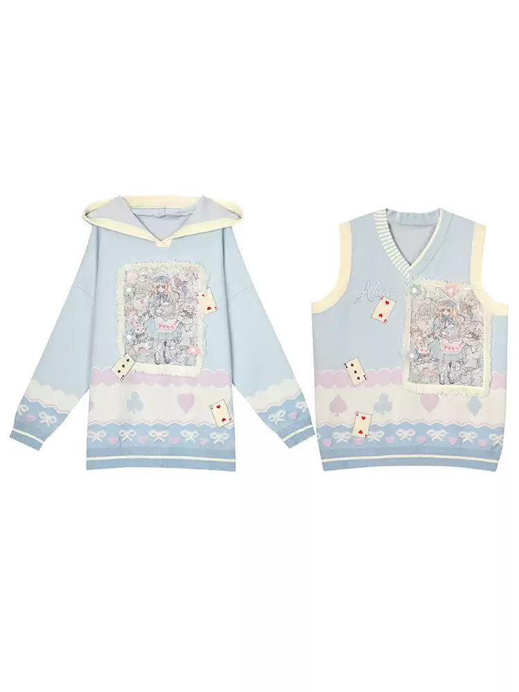 Mori Kei Sweatshirt Alice Print Blue Hoodie Autumn Vest 39316:650036