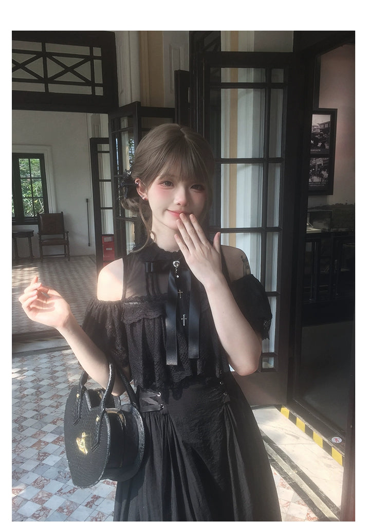 Black / White Jirai Kei Long Dress, Detachable Bow, Cross Detail 43510:778769