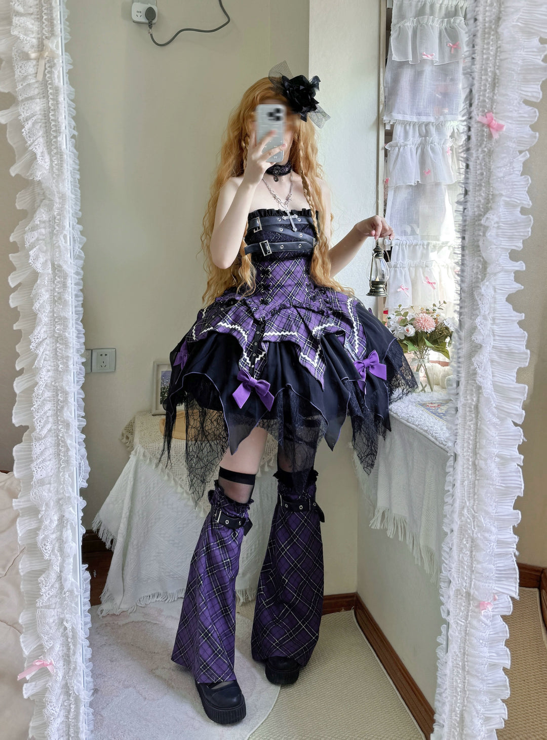 black and purple lolita dress Purple Delicate Butterfly and Floral Embroidery Han Lolita Dress + Black Apron Full Set