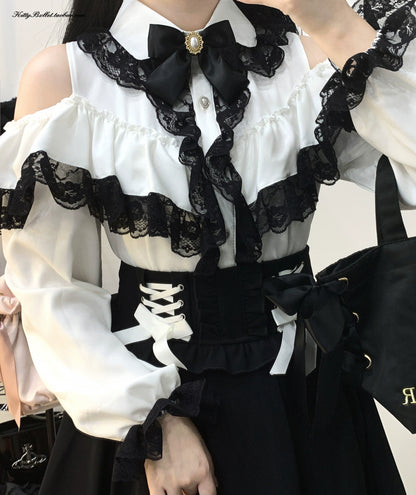 Jirai Kei Black White Blouse Double Layer Hollowed Sleeves Shirts 31856:372576