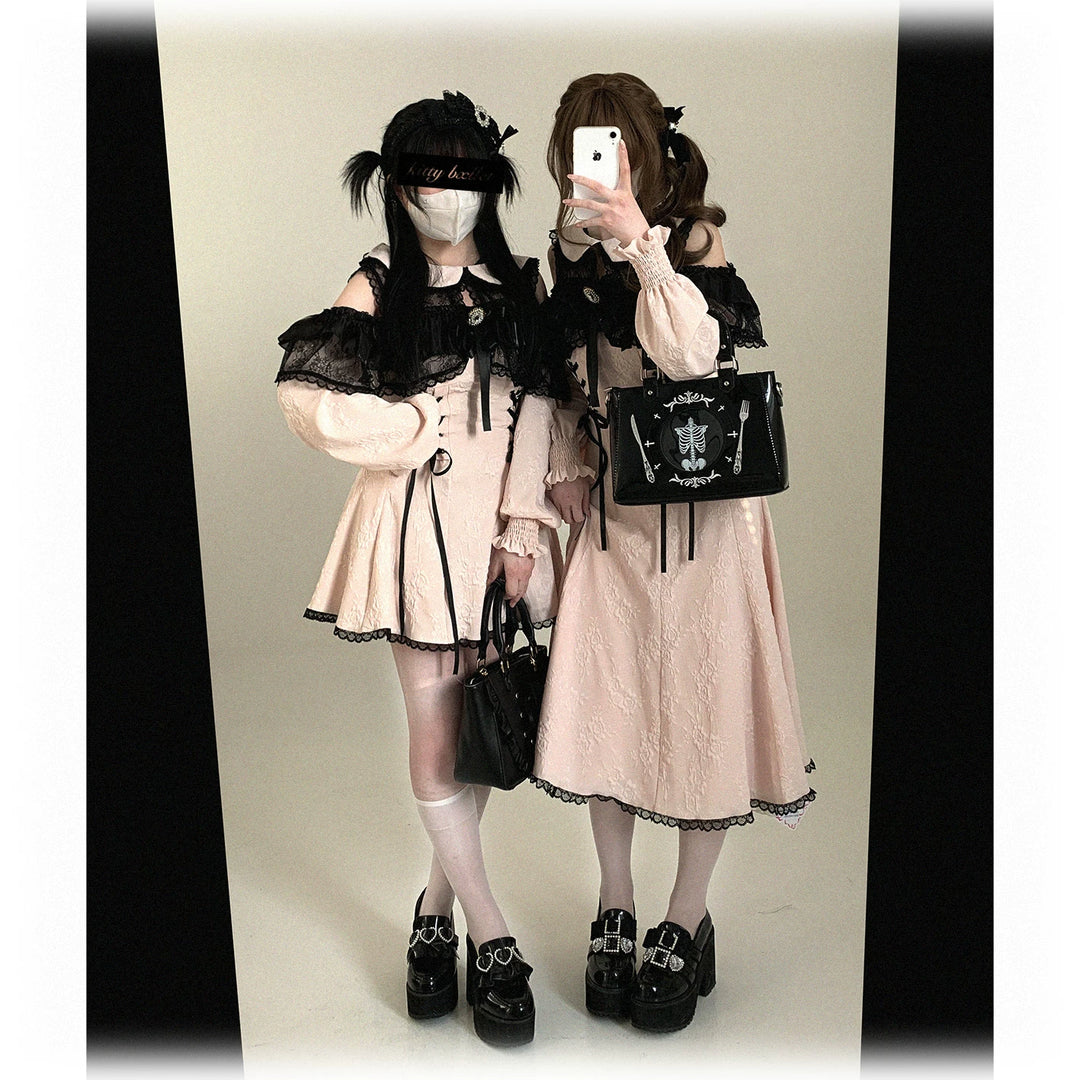 Elegant Long Open-Shoulder Dress, Subtle Floral Pattern 44473:809634