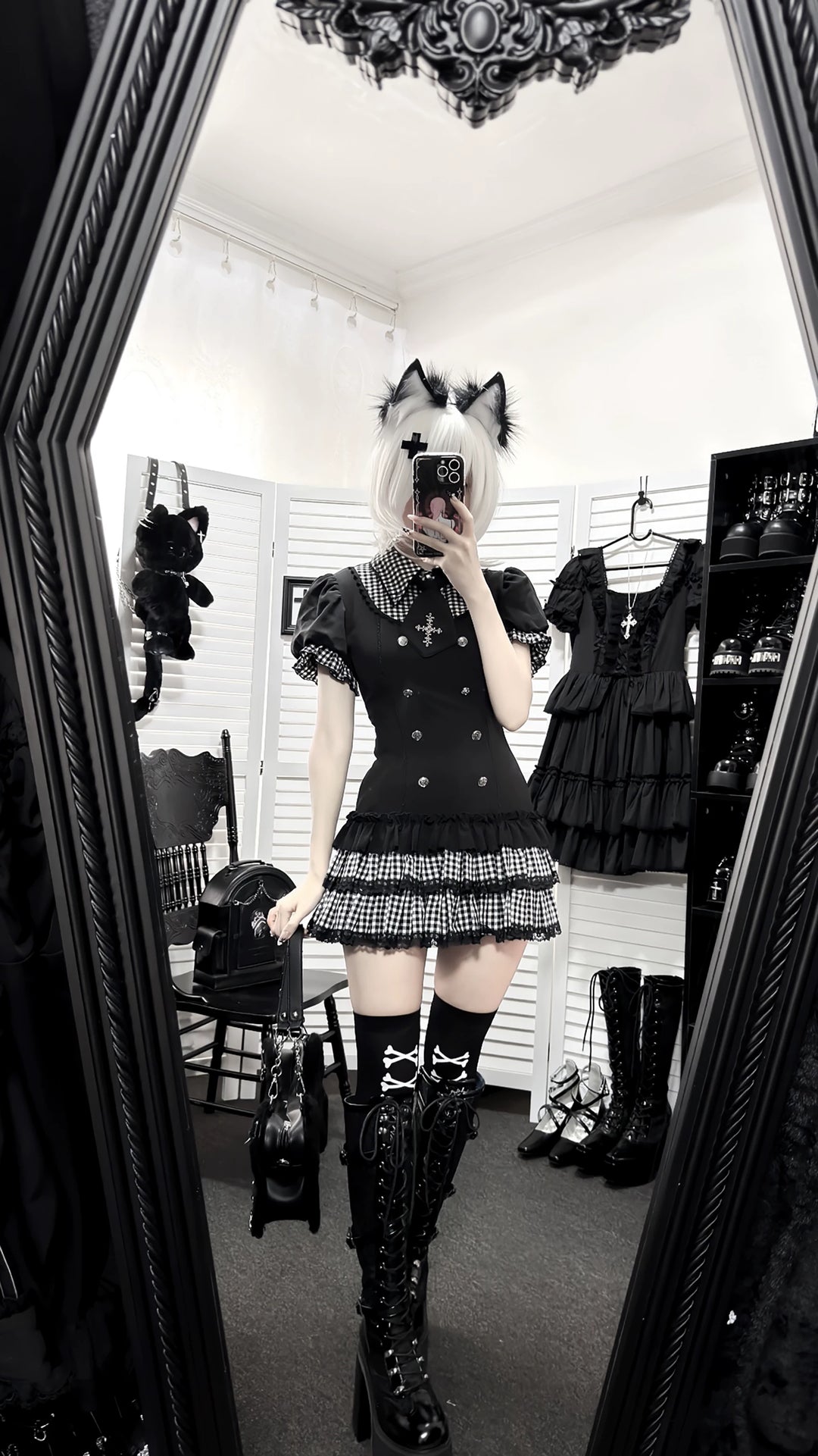 Low-Waist Jirai Kei Dress Set, Cross Embroidery 44780:826738