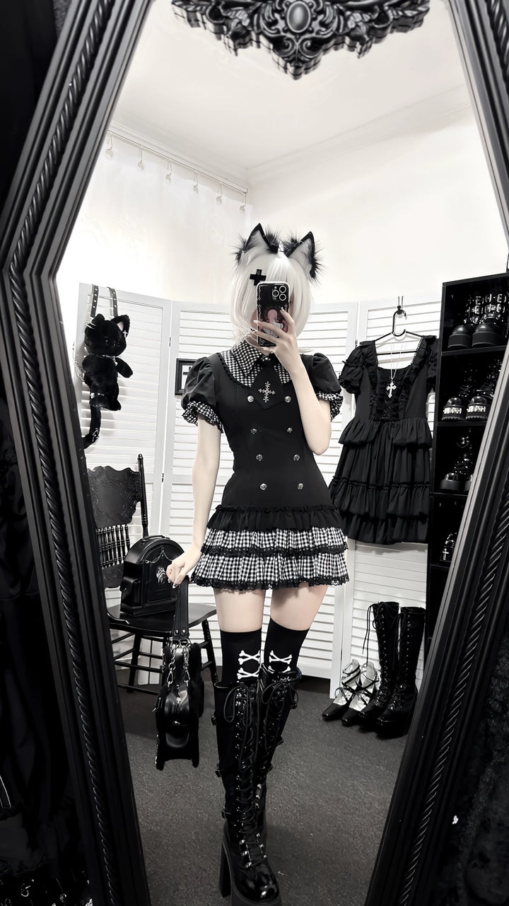 Low-Waist Jirai Kei Dress Set, Cross Embroidery 44780:826738