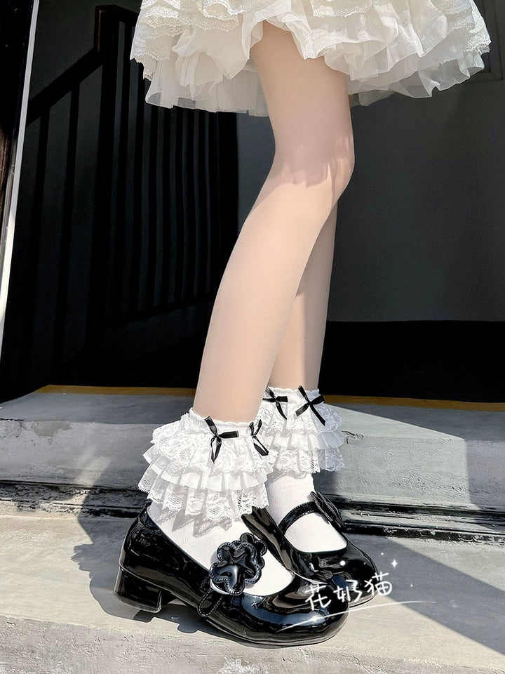 White Lolita Socks Bow And Lace Mid-Calf Cotton Socks 35630:500868 35630:500868