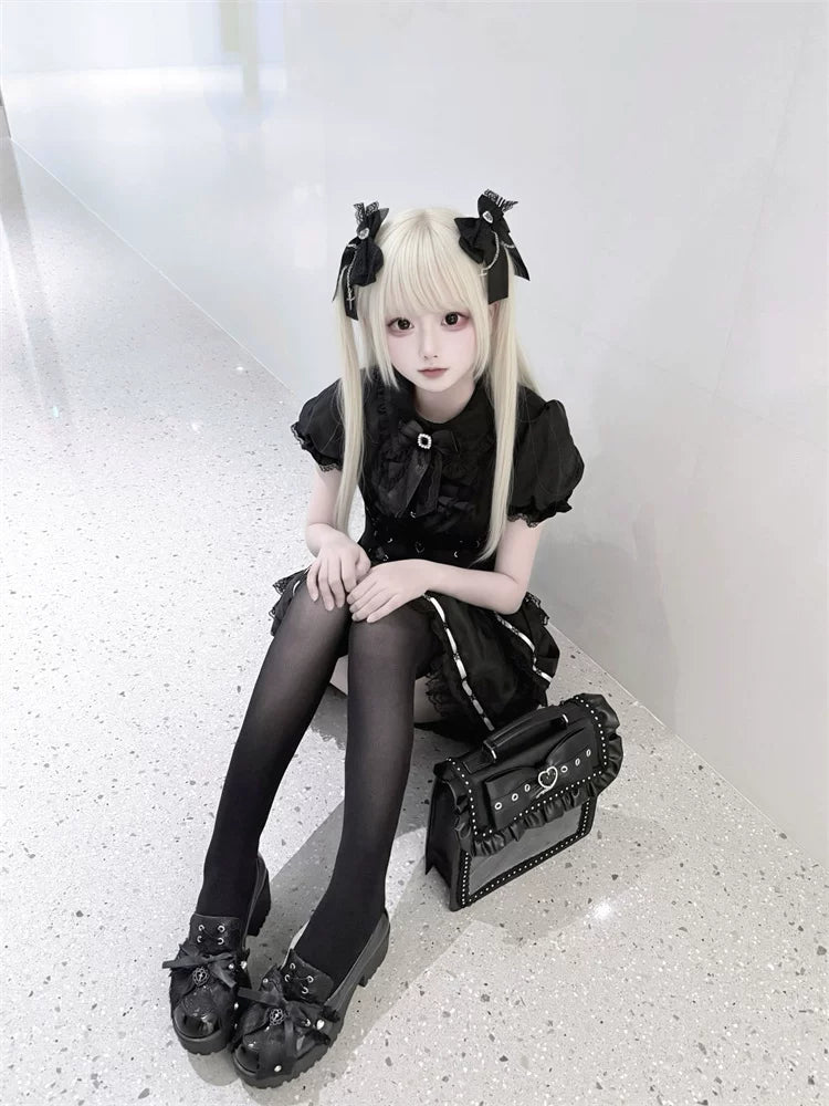 Puffy-Sleeved Jirai Kei Dress, Cake-Designed Hem 45569:854238