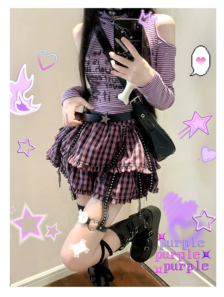 Jirai Kei Outfit Set Purple Bunny Ears Top Plaid Skirt 35824:506520 35824:506520