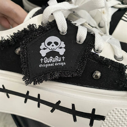 Y2K Subculture Girl Platform Canvas Black White Shoes 28960:344046