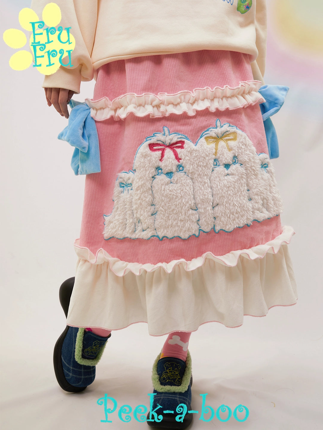 Kawaii Pink Skirt Puppy Print Lace Corduroy Skirt 31710:370030 31710:370030