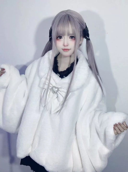 Jirai Kei Winter Coat Warm Faux Rabbit Fur Cape 34376:460578