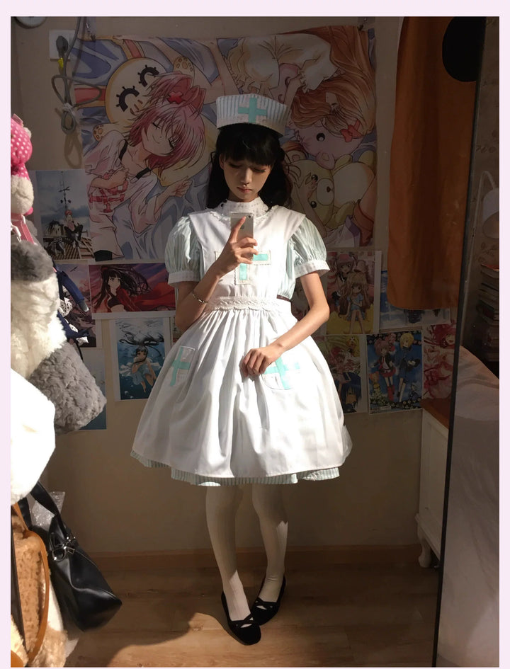 Old School Lolita Striped Dress, Cross Apron 45136:836795