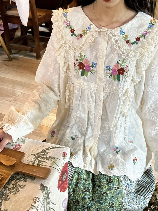Mori Kei Blouse Flower Embroidery Shirt Anti-aging Top 36218:524586
