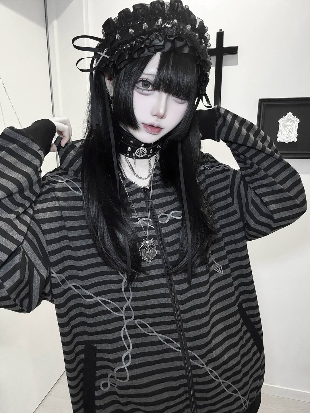 Gothic Striped Zip-Up Hoodie, Cotton for Summer 45270:844645